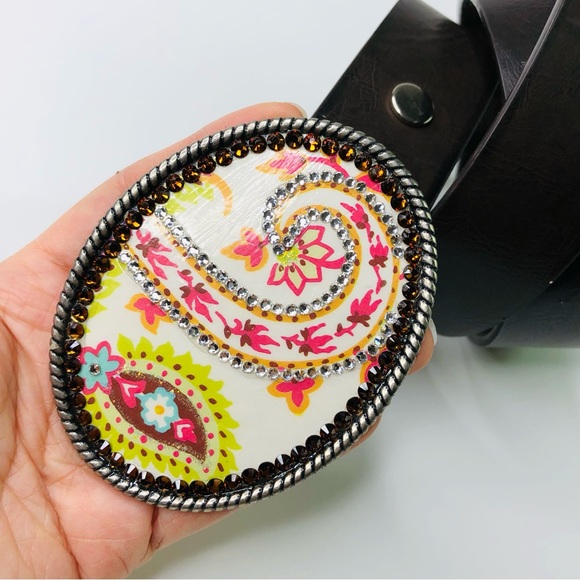 Vintage 90s Oval Buckle Belt Brown Embellished Amber Silver Rhinestones Design - Picture 5 of 8